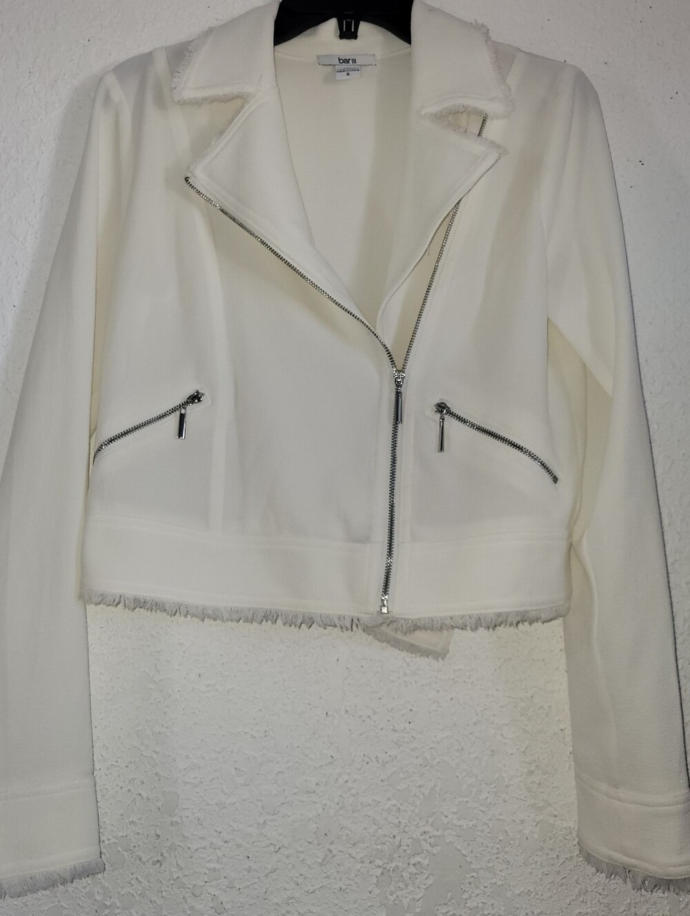 Bar III Cream Fringe Zip Moto Jacket